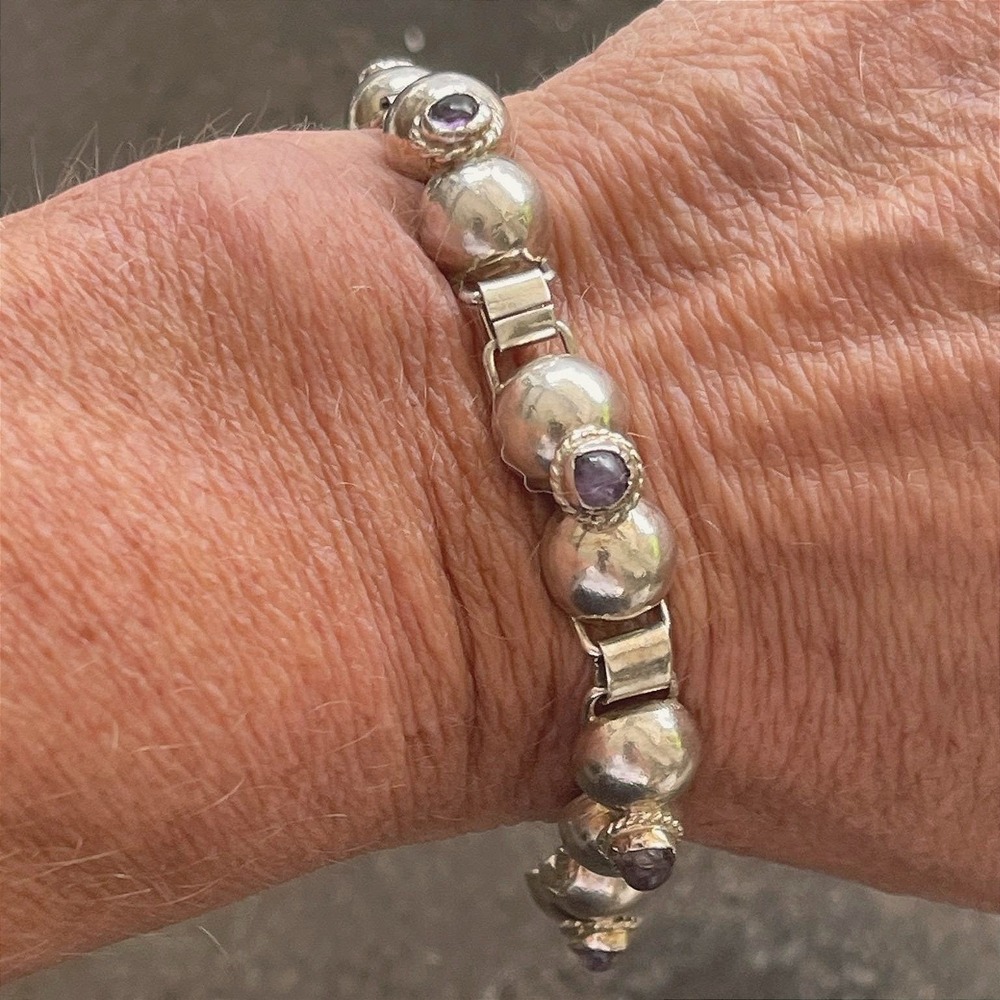 Vintage 1970s Mexico Sterling Silver Amethyst Cabochon Bracelet 6.5" 23g